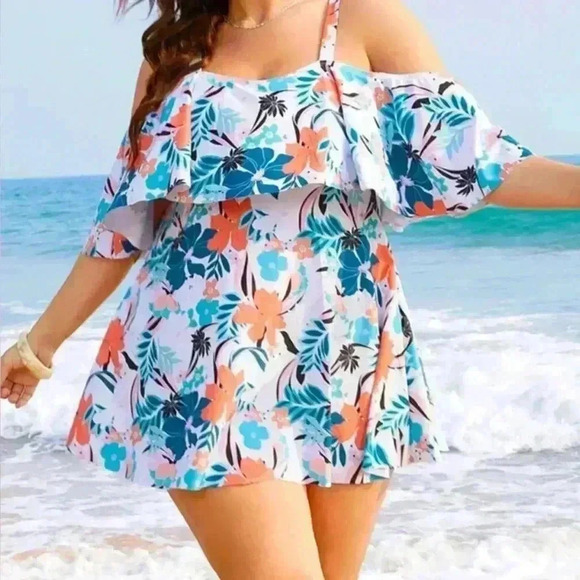 NWT!Tropical adjustable strap cold shoulder ruffle swim dress size 12 or Large - Picture 2 of 7